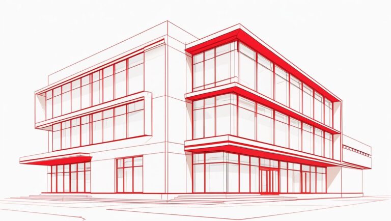 A red line sketch of a new office building (1)