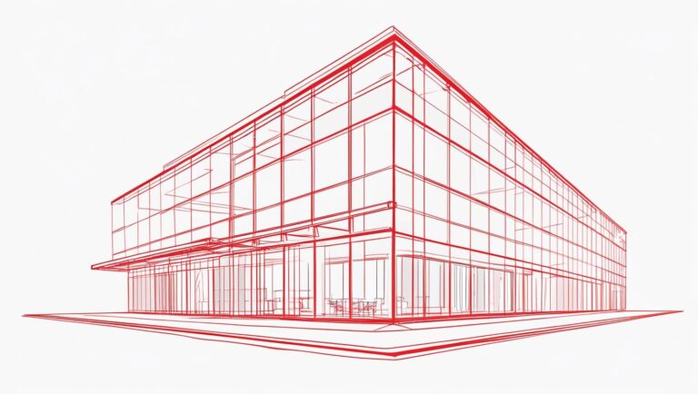 A red line sketch of a new office building