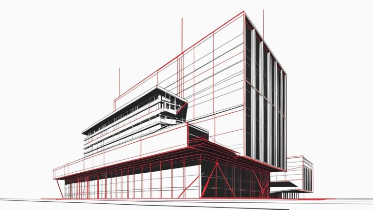 a red line sketch of a futuristic office building